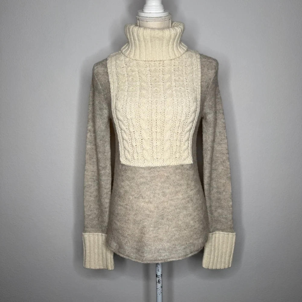 Tory Burch Gretchen Cream Mixed Knit Colorblock Turtleneck Sweater Size S